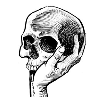 Hand-drawn skull held in a hand