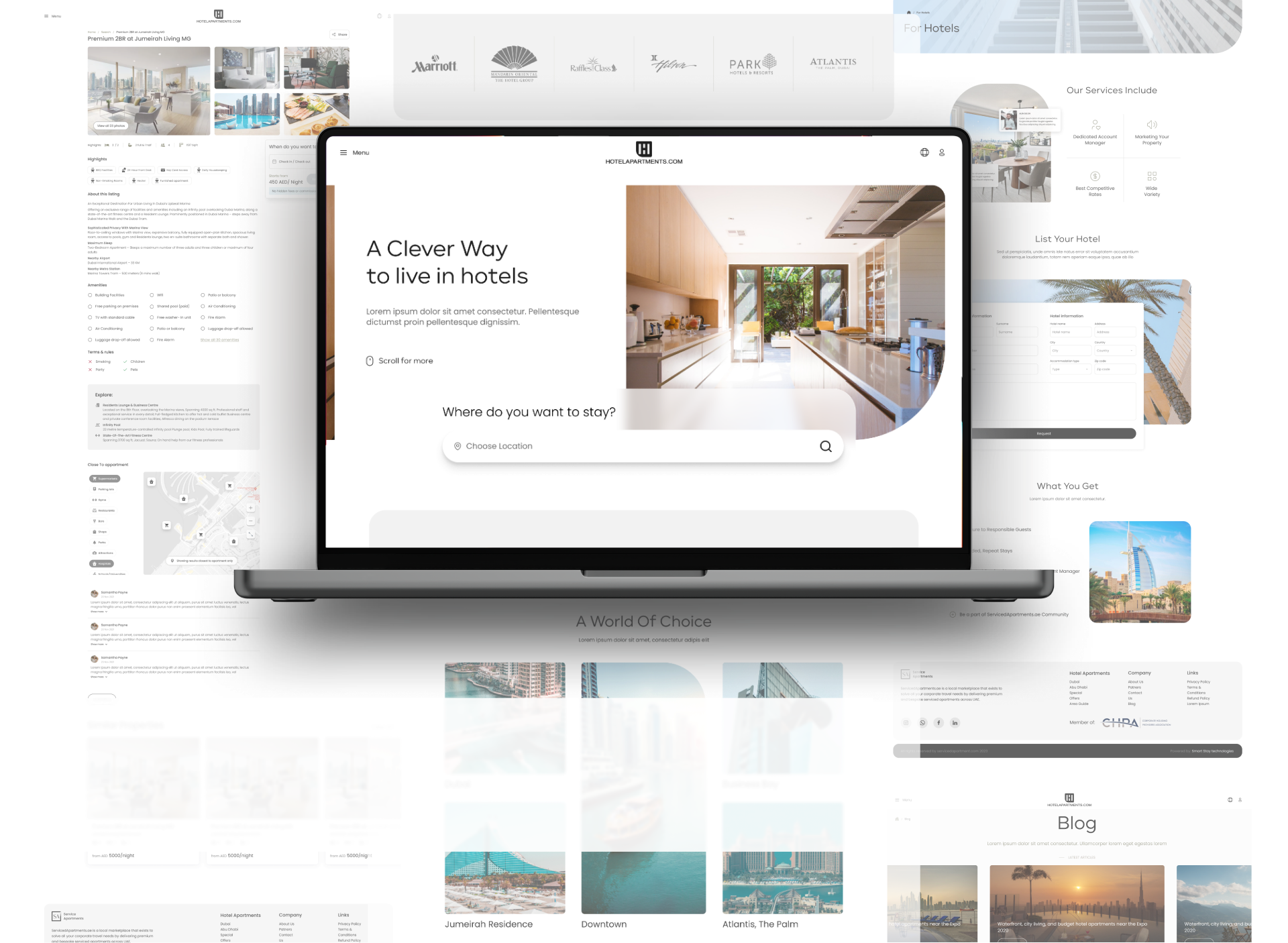 Hotel Apartments booking experience shown across desktop product screens
