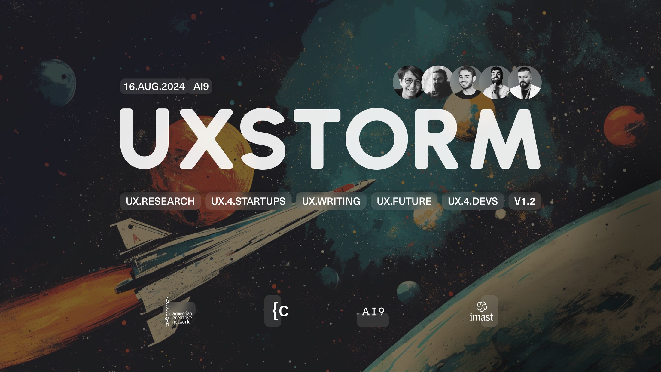 UX Storm 1.2 cover - retro space collage with the five speakers