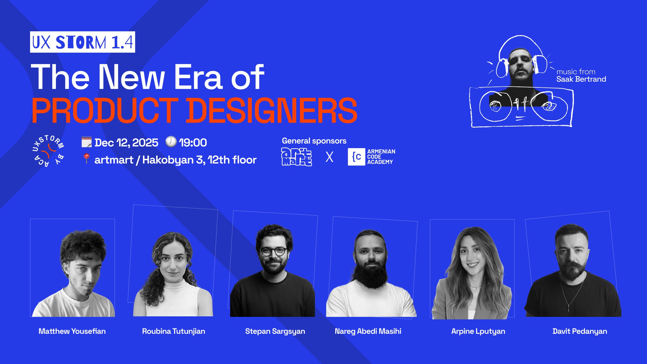 UX Storm 1.4 poster - The New Era of Product Designers, six speakers, Dec 12 2025